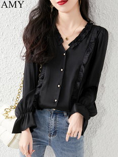 雪纺t恤法国黑色漂亮 2025新秋季 V领超级漂亮钟袖 优雅 女衬 服装