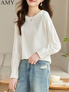 别致褶皱长袖 纯棉白色t恤休闲小众套头衫 圆领上衣 服装 2025新秋季