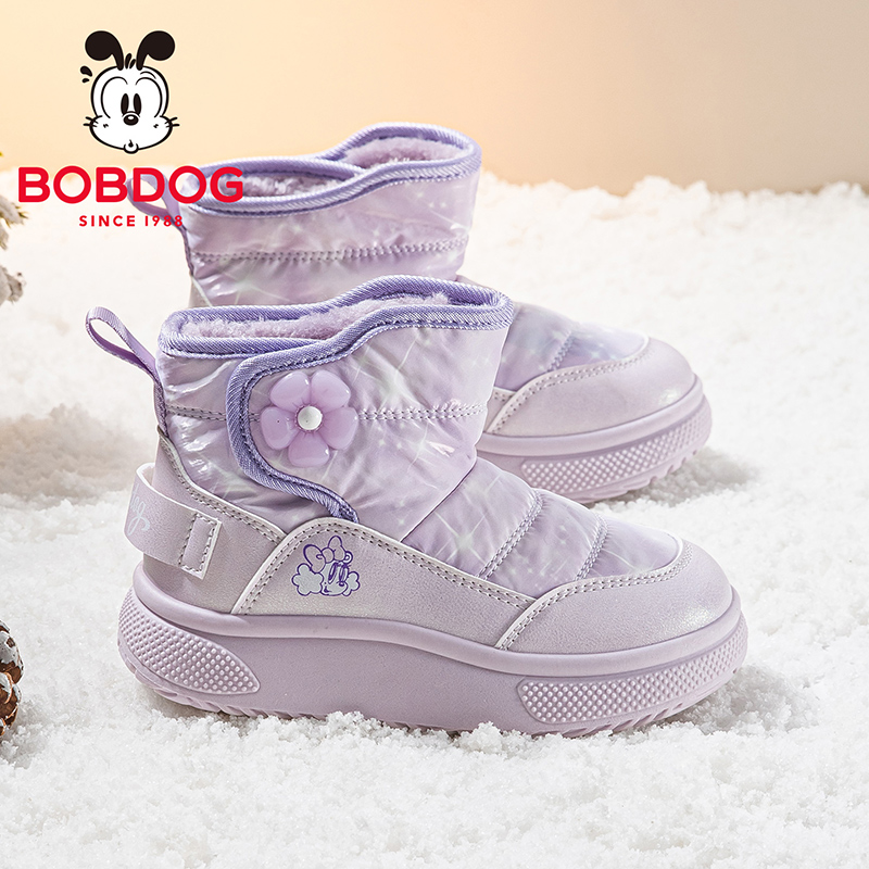 巴布豆童鞋女童雪地靴加绒保暖棉靴2025新款短靴女孩冬鞋儿童靴子