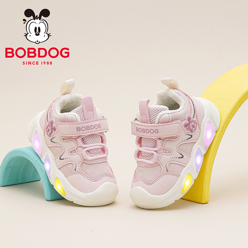 巴布豆童鞋女童宝宝加绒鞋冬季2025新款女孩学步鞋儿童发光二棉鞋