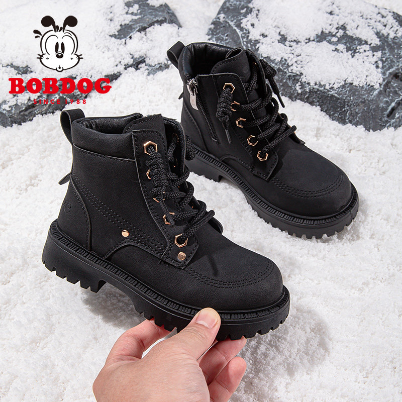 巴布豆童鞋儿童靴子加绒2024新款秋冬款男孩黑色加厚男童马丁靴女