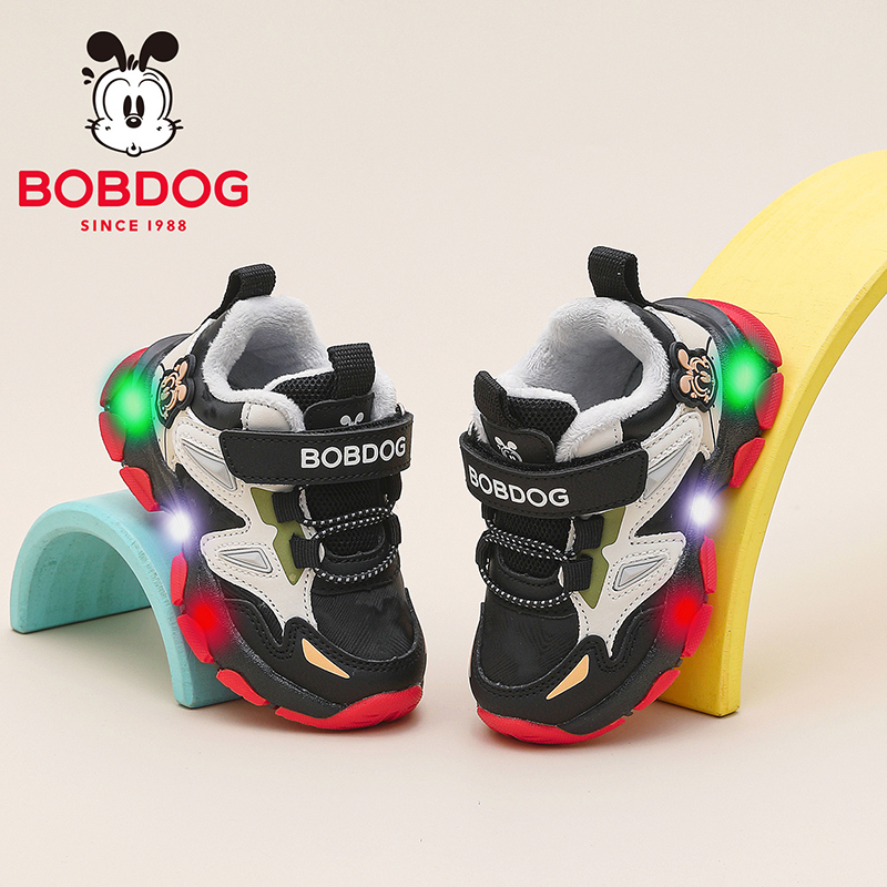 巴布豆童鞋男宝发光鞋加绒加厚2025冬季新款儿童二棉鞋男童学步鞋