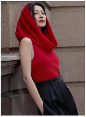 2025春夏连帽无袖背心女高圆圆同款垂摺蝴蝶结绑带长款无袖毛衫女