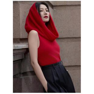 2025春夏连帽无袖背心女高圆圆同款垂摺蝴蝶结绑带长款无袖毛衫女