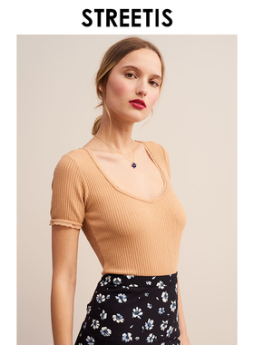 谷田定制2024夏新款法式复古短袖t恤性感v领洋气打底衫女修身内搭