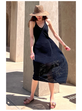 钟楚曦同款格纹镂空提花拼接方领针织连衣裙女高腰优雅内搭毛针织