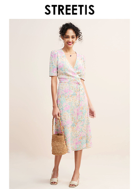 谷田定制法式小众连衣裙女24夏款v领复古茶歇裙收腰显瘦过膝长裙