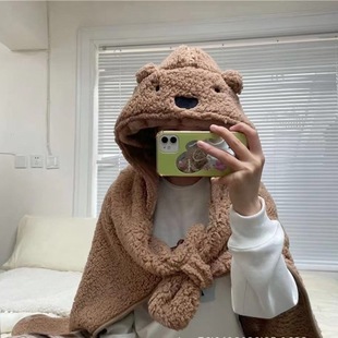 ins卡通小熊披肩斗篷冬季 外出保暖加厚披风学生办公室午休毛毯女
