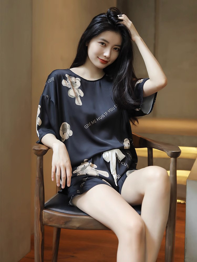 女式夏春秋睡衣2025新款冰丝清凉短袖卡通圆领套装可以在户外穿着