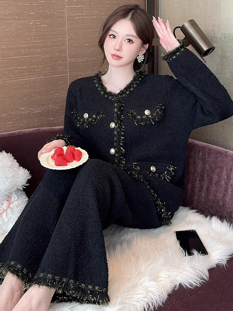半边绒睡衣女士秋冬季轻奢小香风2025新款黑色圆领家居服外穿套装