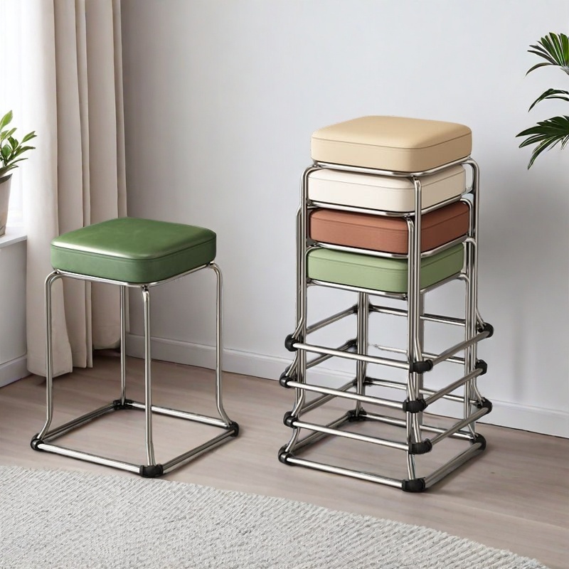 特厚钢筋圆凳餐厅家用凳子折叠实用高板凳客厅可叠放软包方凳椅子