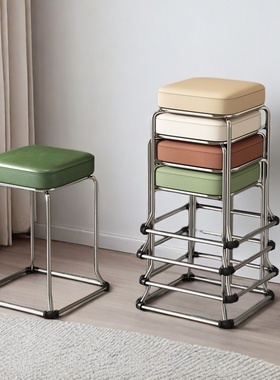 特厚钢筋圆凳餐厅家用凳子折叠实用高板凳客厅可叠放软包方凳椅子