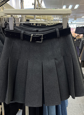设计感灰色西装毛呢百褶裙女高腰显瘦a字短裙学院风小个子半身裙