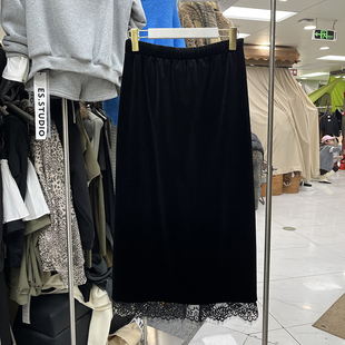 蕾丝拼接加厚丝绒半身裙女2025秋冬新款百搭休闲加绒开叉直筒冬裙