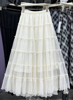 法式高腰白色网纱蛋糕裙女多层木耳边拼接A字大摆裙压褶蓬蓬长裙