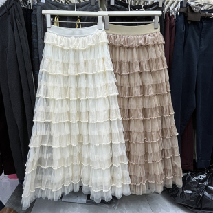 芭蕾风层层植绒网纱蓬蓬蛋糕裙女法式 浪漫层次感荷叶边半身裙长裙