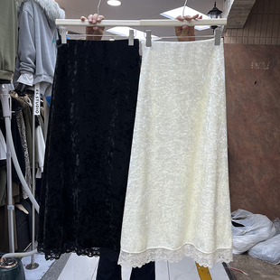 温柔风蕾丝花边拼接丝绒半身裙女秋冬加绒加厚钻石绒气质A字长裙