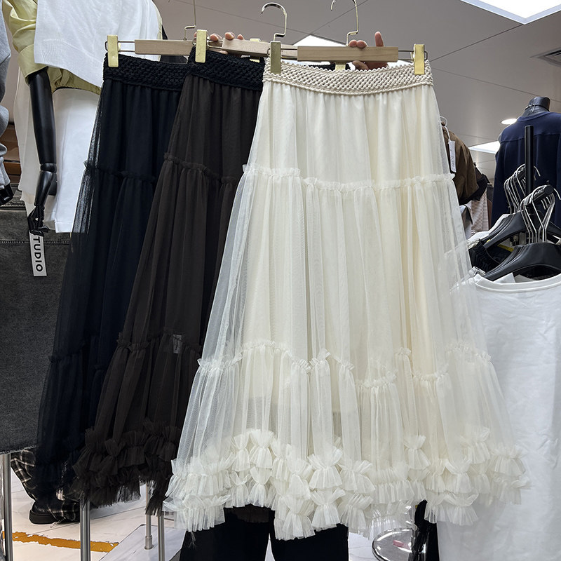 韩系编织松紧腰木耳边网纱半身裙