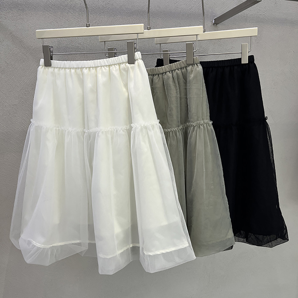 韩系温柔风网纱花苞半身裙女2026春季新款减龄木耳边拼接蓬蓬中裙