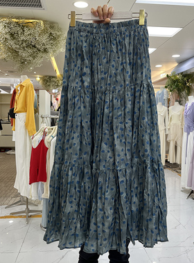 复古灰蓝色波点碎花大裙摆半身裙百搭时尚优雅长裙褶皱拼接A字裙