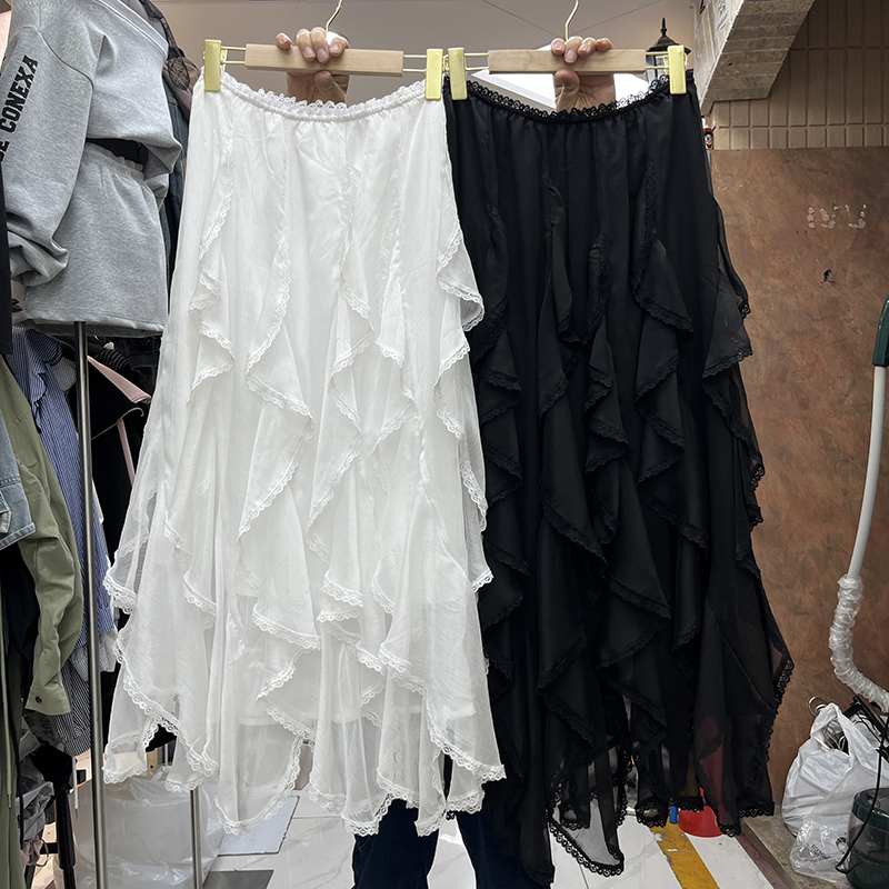 重工不规则波浪荷叶边仙女半身裙法式小众层次感蕾丝花边A字长裙