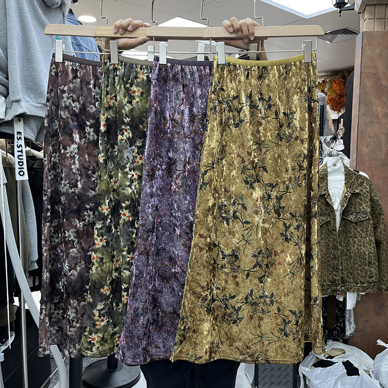 高级感晕染加绒金丝绒碎花半身裙小众时尚印花侧开叉A字鱼尾长裙,女装/女士精品,半身裙,淘宝优惠券,粉丝福利购,淘宝优惠卷
