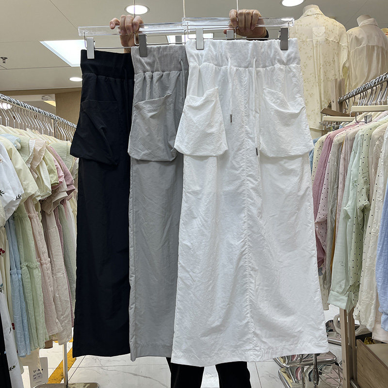 韩国大口袋抽绳松紧腰工装半身裙女夏季薄款速干后开叉a字中长裙