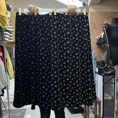 复古加厚碎花丝绒半身裙