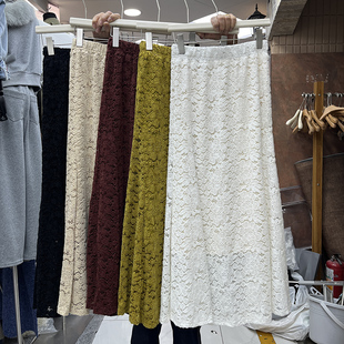 2025秋冬新款加绒钩花蕾丝鱼尾半身裙高腰包臀长裙气质淑女风裙子