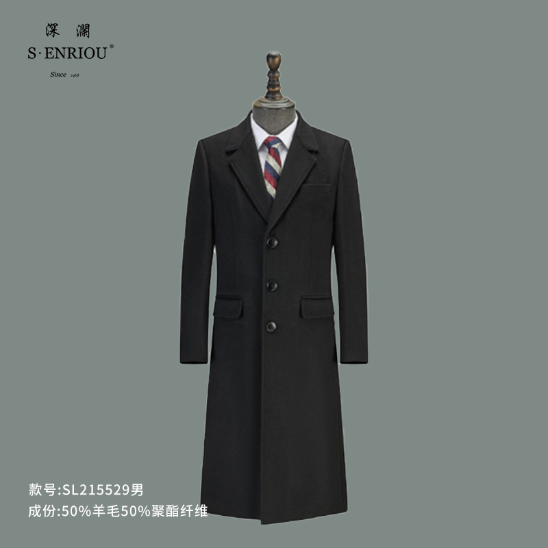 黑色羊毛加厚中长款呢子大衣冬季外套