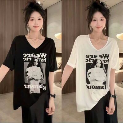 印花短袖t恤v领上衣爆款体恤