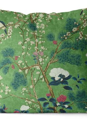 中式花鸟几何绿色图案单面同图抱枕沙发靠垫床头大靠背腰枕