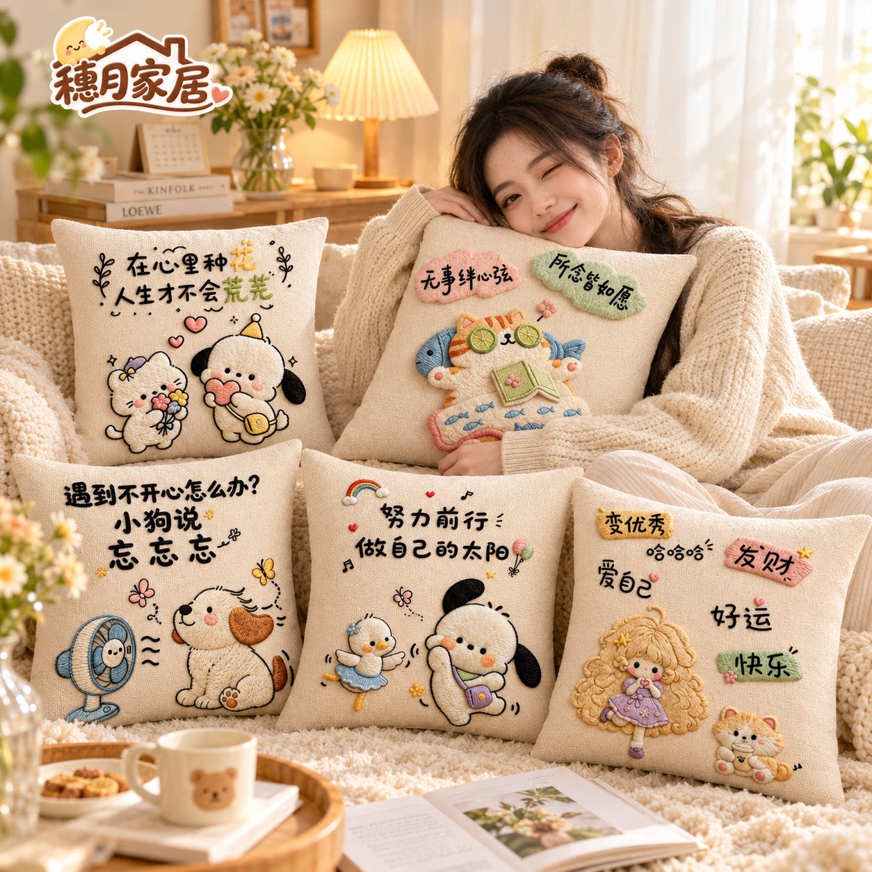 卡通文字创意抱枕可爱小狗沙发印花靠垫励志文字治愈系靠枕套靠背