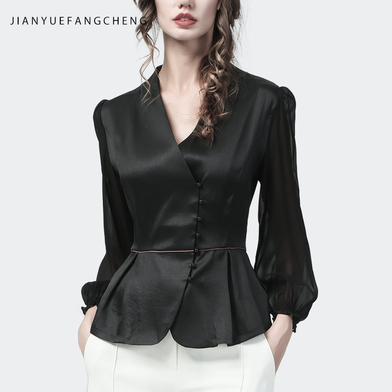 欧洲站时尚雪纺衬衫女早春2022新款洋气修身V领缎面衬衣气质上衣