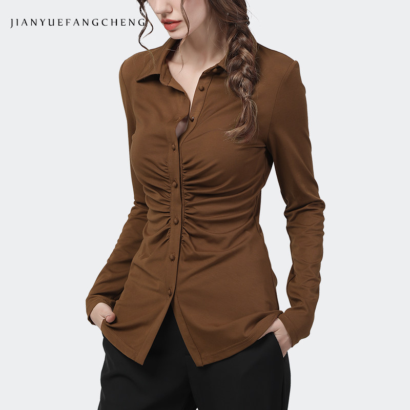 欧洲站设计感衬衫女长袖秋装POLO领显瘦百搭收腰气质衬衣时尚上衣