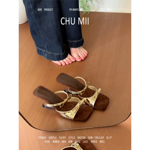 羊皮版~金色蝴蝶结坡跟高跟鞋