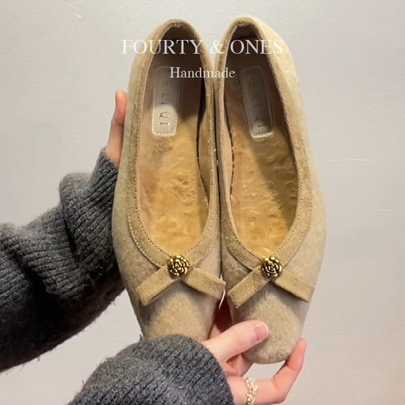 羊毛版~法式方头浅口毛呢单鞋女蝴蝶结金属花玛丽珍鞋绒面毛毛鞋