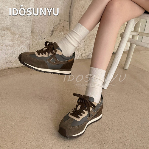 IDO欧货新款牛皮复古阿甘鞋女马毛拼接女款德训休闲运动拼色板鞋