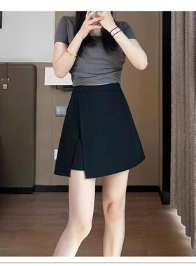 显瘦短裙半身裙裙裤A遮肉侧边小个子气质高腰开叉女夏字拉链黑色