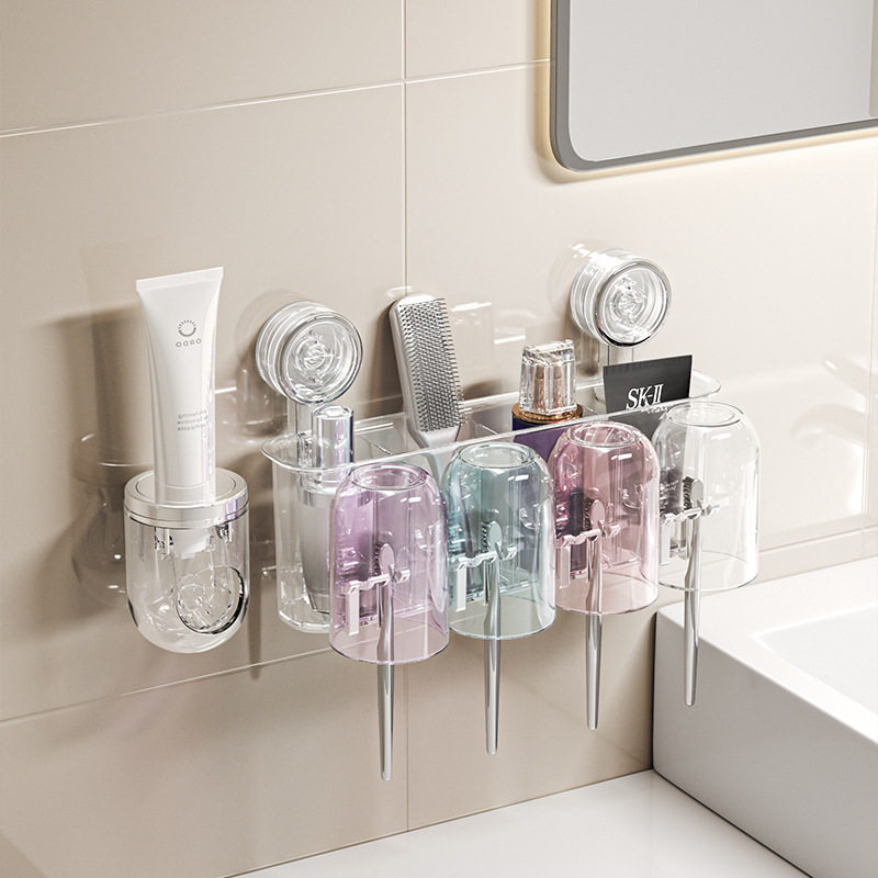 旋钮吸盘牙刷架家用款置物架免打孔浴室用壁挂式牙杯洗漱杯收纳层