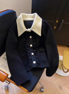 翻领撞色小香风毛呢短款外套