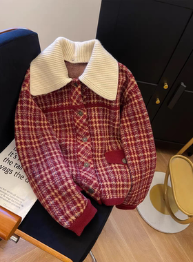 千鸟格可拆卸翻领小香风毛呢外套