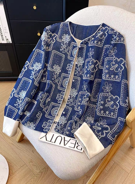 重工花朵刺绣小香风圆领夹克