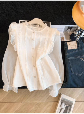 法式木耳边蕾丝拼接长袖衬衫