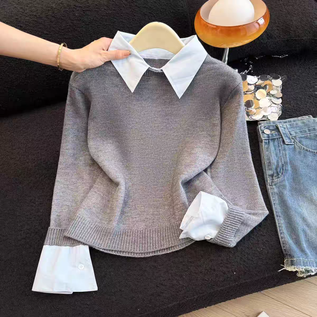 撞色假两件拼接衬衫领针织衫