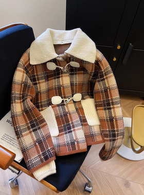 橘色复古格子翻领小香风毛呢短外套