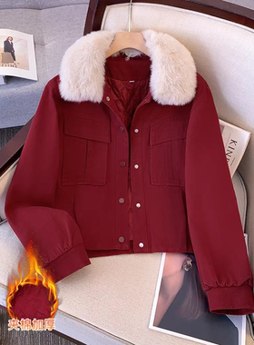 红色夹棉加厚派克服牛仔外套