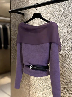 紫色网纱拼接针织衫 长袖