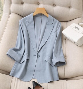 2023夏季新款大牌清仓捡漏天丝亚麻小西装外套女士春夏七分袖西服