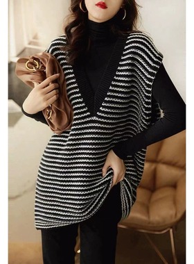 清仓捡漏法国专柜撤回尾单大牌外贸女装斑马条纹背心马甲针织毛衣